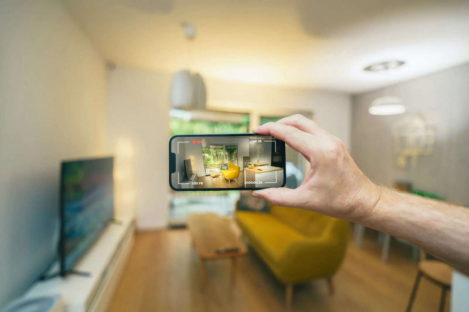 A hand holding a phone to photograph a living room